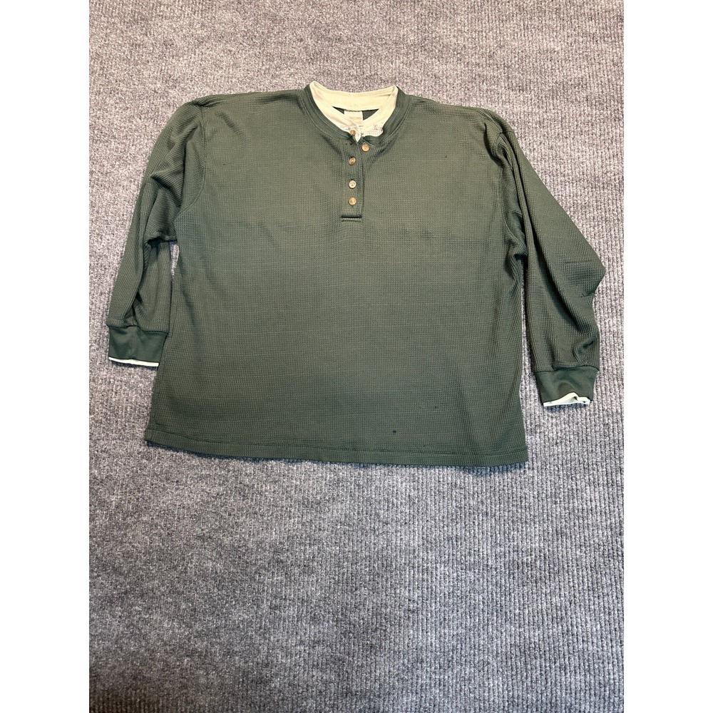 Cherokee Waffle Knit Henley Shirt Large Green Double Collar Thermal